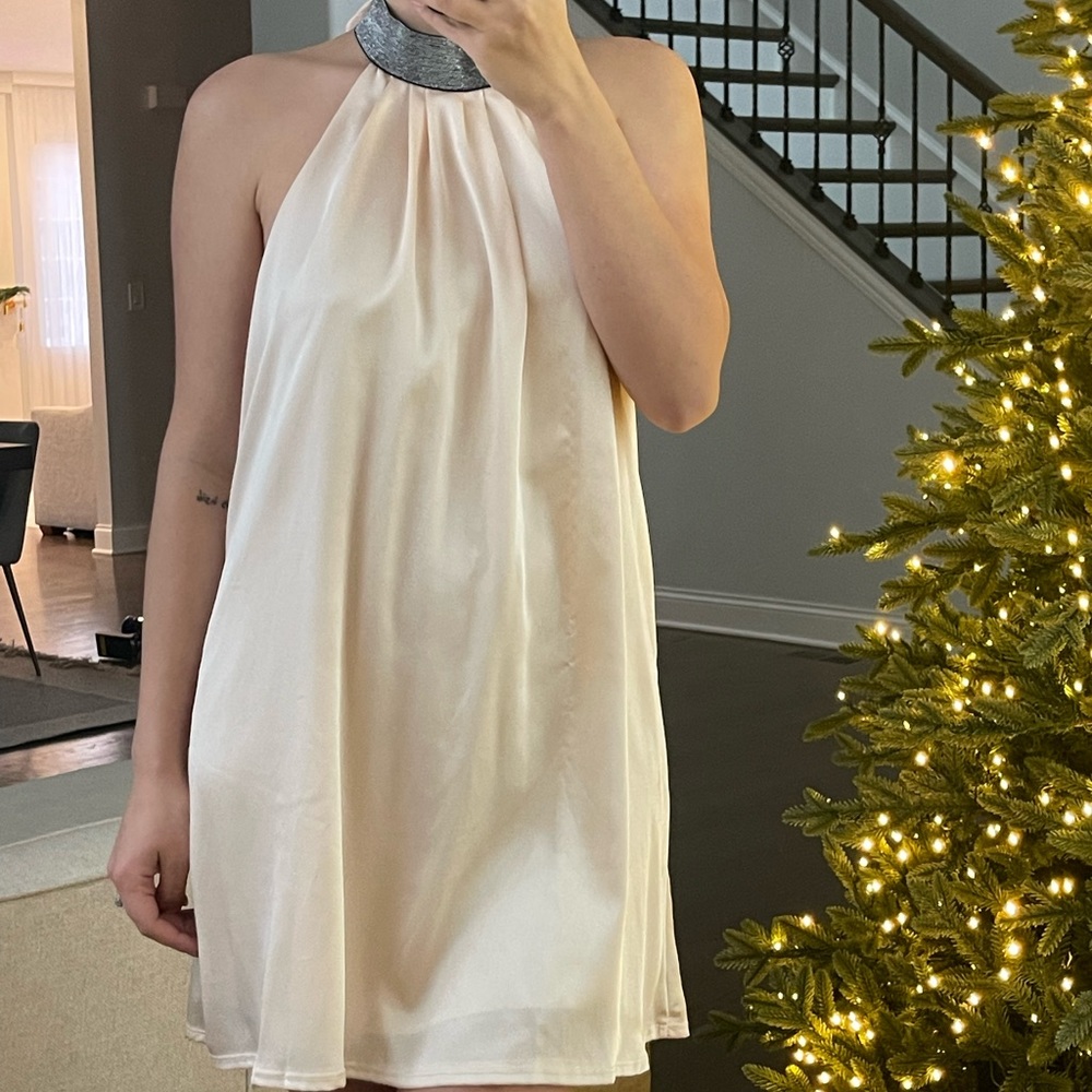 Lucy in the sky Halter neck cream satin mini dress